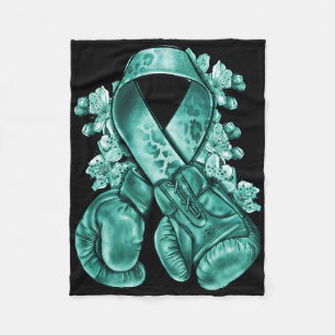 Ovarian Cancer Teal Ribbon With Boxing Gloves Awar Fleece Blanket