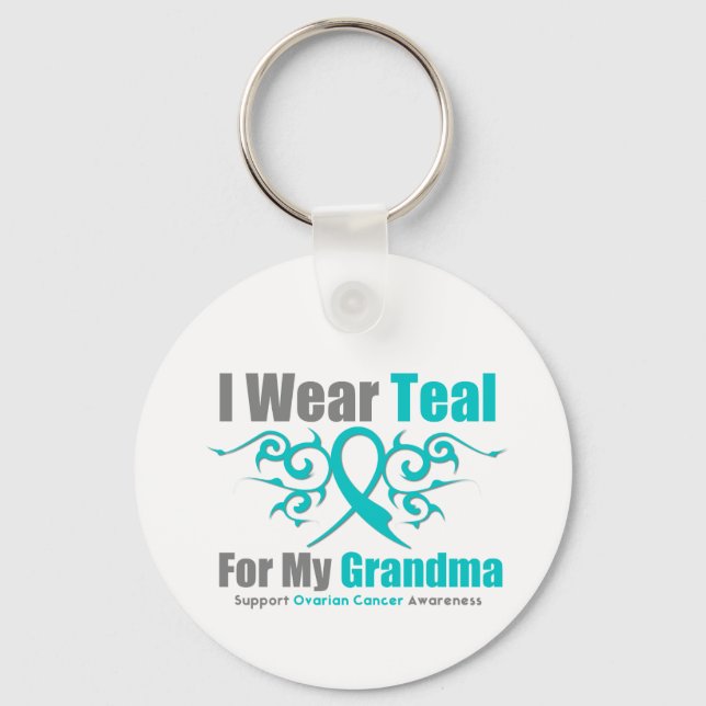 Ovarian Cancer Teal Tribal Ribbon Grandma Key Ring (Front)