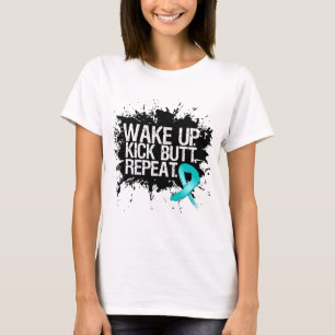 Ovarian Cancer Wake Up Kick Butt Repeat T-Shirt