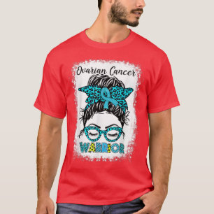 Ovarian Cancer Warrior Messy Bun Teal Ribbon Leopa T-Shirt