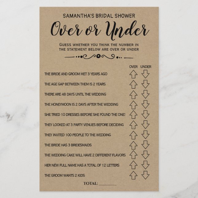 Ove or Under bridal shower spanish english game (Front)