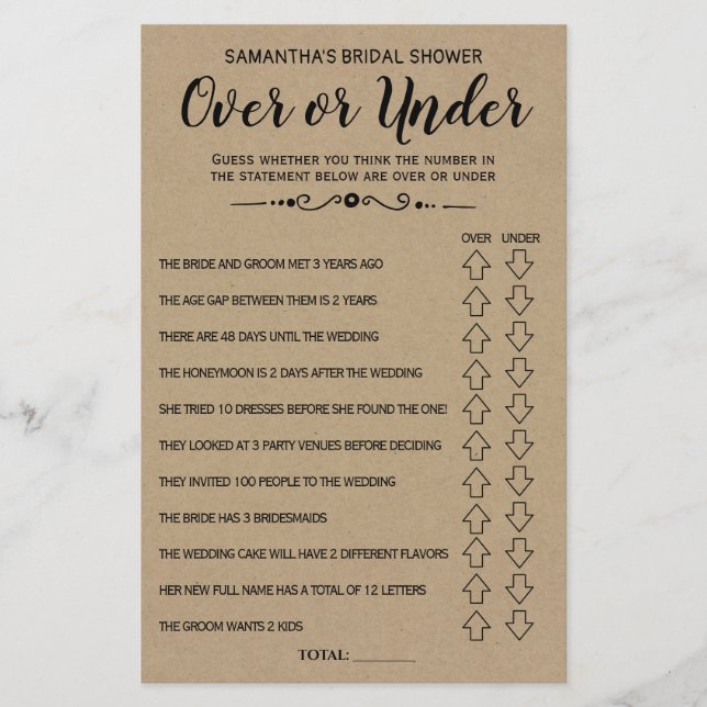 Ove or Under Rustic Bridal Shower Game Card (Front)
