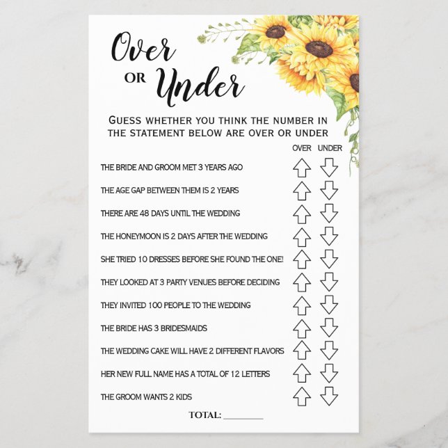 Ove or Under Sunflowers Bridal Shower game card (Front)
