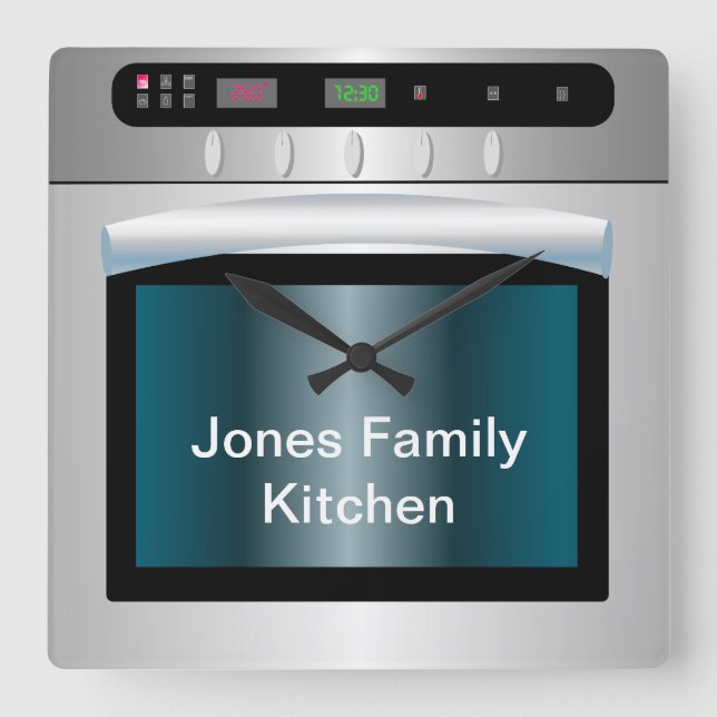 Oven graphic with personalised text square wall clock (Front)