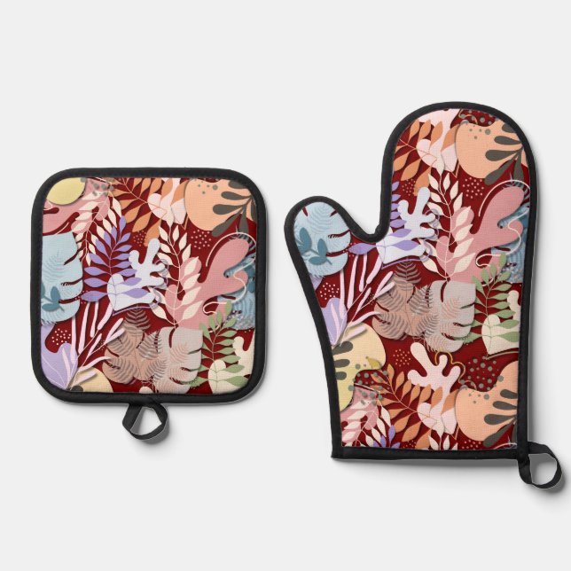 Oven Mitt and Pot Holder Set : Organic Leaves (Front)