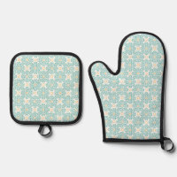 Oven Mitt and Pot Holders Teal & Gold Arabesque Ki