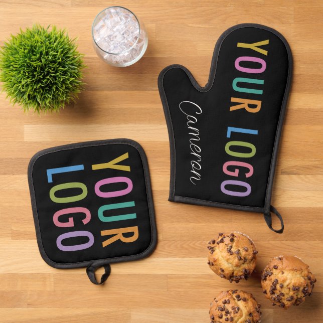 Oven Mitt Pot Holder Set Custom Printed Logo Black (Top Down)