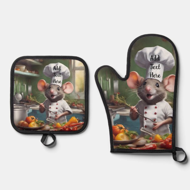 Oven Mitt Pot Holder Set Personalise Chef Mouse (Front)