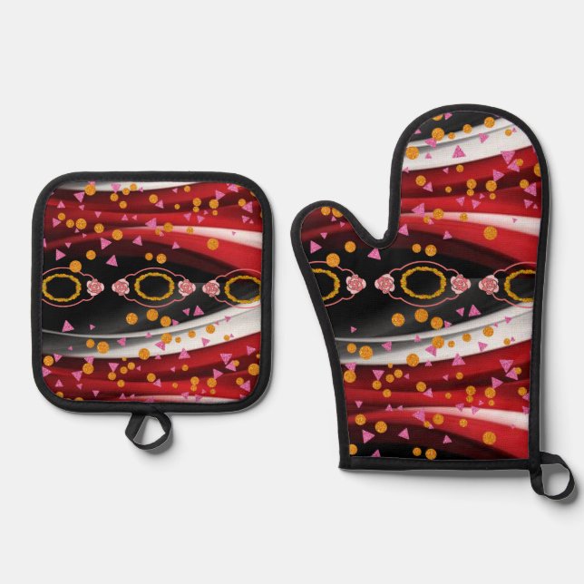 Oven Mitt & Pot Holders Abstract Colours Red Gold Holder Set (Front)