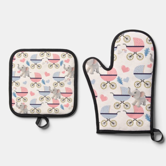 Oven Mitt & Pot Holders Baby Stroller Elephant Oven Mitt & Pot Holder Set (Front)
