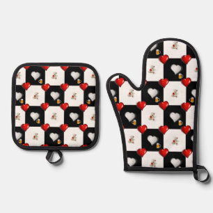Oven Mitt & Pot Holders Beer Teddy Bear Hearts Holder Set