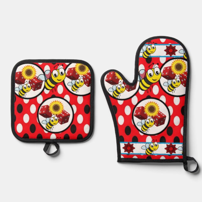 Oven Mitt & Pot Holders Bumblebee Dice Red  Holder Set (Front)