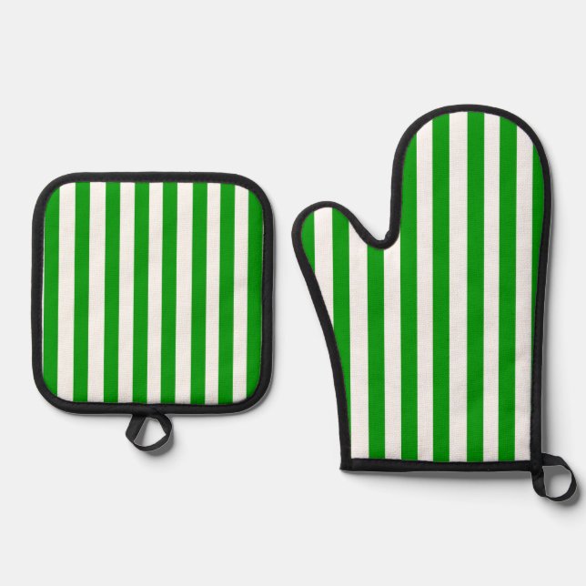 Oven Mitt & Pot Holders Green & White Stripe Holder Set (Front)