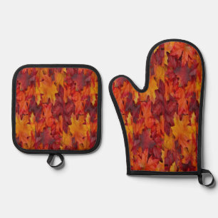 Oven Mitt & Pot Holders Leaves Red Orange Holder Set