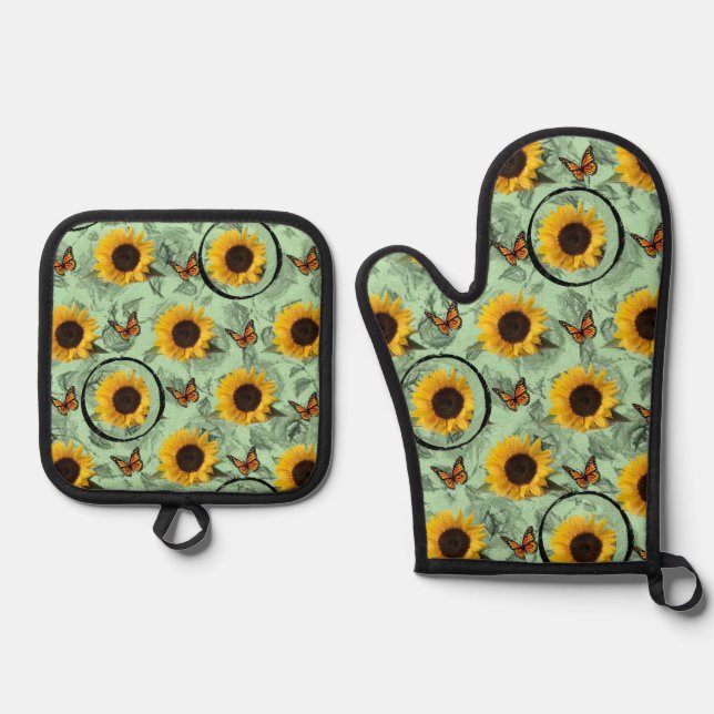Oven Mitt & Pot Holders Sunflower Floral Holder Set (Front)