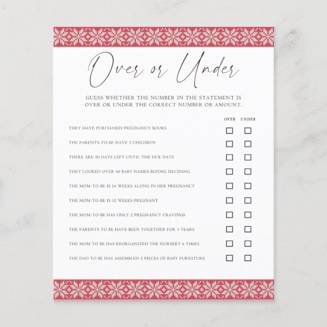 Over and Under/Would She Rather Baby Shower Games (Front)