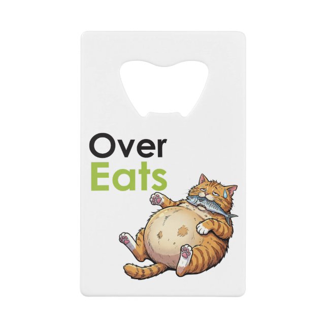 Over Eats - Funny Fat Cat Eating Fish Cartoon (Front)