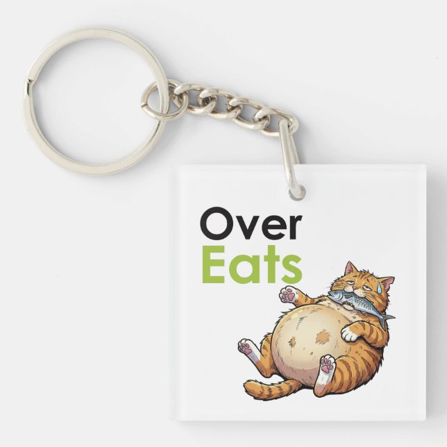 Over Eats - Funny Fat Cat Eating Fish Cartoon Key Ring (Front)