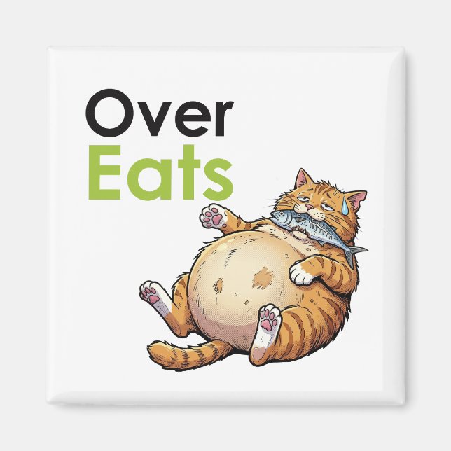 Over Eats - Funny Fat Cat Eating Fish Cartoon Magnet (Front)