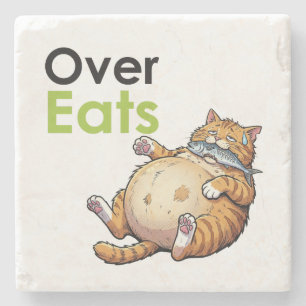Over Eats - Funny Fat Cat Eating Fish Cartoon Stone Coaster