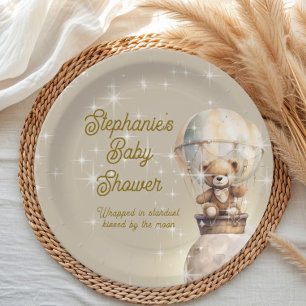 Over Moon Teddy Bear Gender Neutral Baby Shower Paper Plate