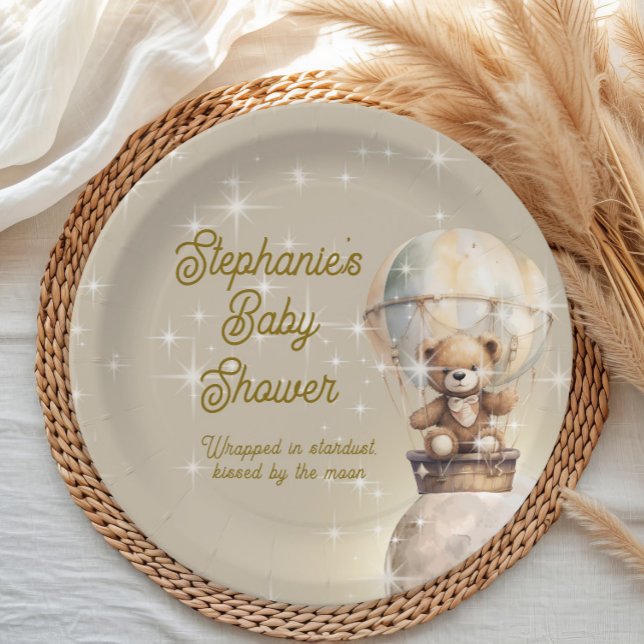 Over Moon Teddy Bear Gender Neutral Baby Shower Paper Plate (Over the Moon teddy bear and hot air balloon baby shower paper plate)