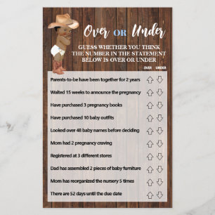 Over or Under AA Cowboy Baby Shower Game Card