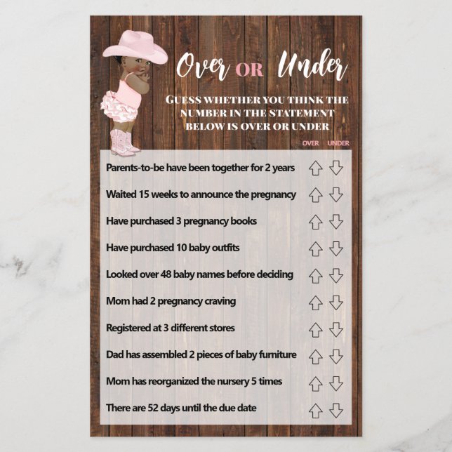 Over or Under AA Cowgirl Baby Shower Game Card (Front)