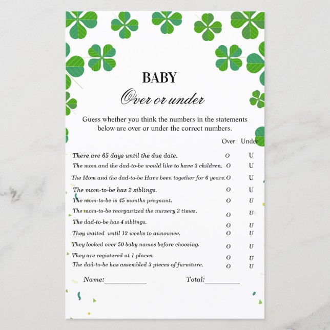 Over or under baby shower game st patrick day (Front)