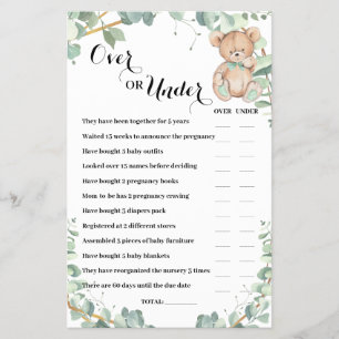 Over or Under Bear Greenery Baby Shower Game Card