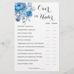Over or Under Blue Flower Couples Shower Game Card