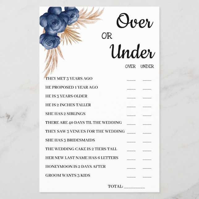 Over or Under Blue Flowers Bridal Shower Game Card (Front)
