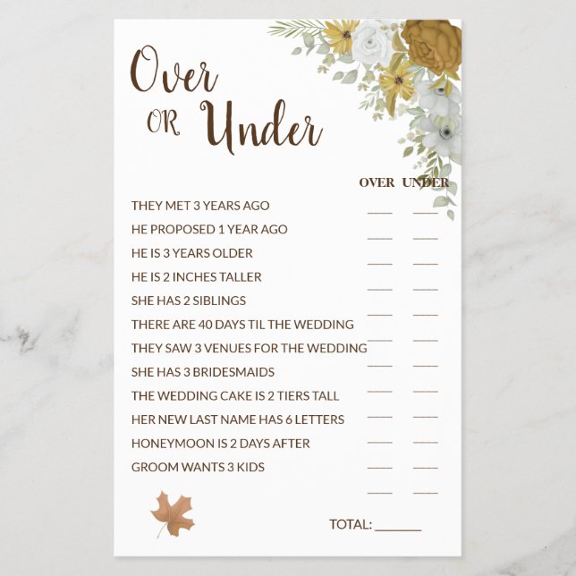 Over or Under Boho Autumn Bridal Shower Game Card  (Front)
