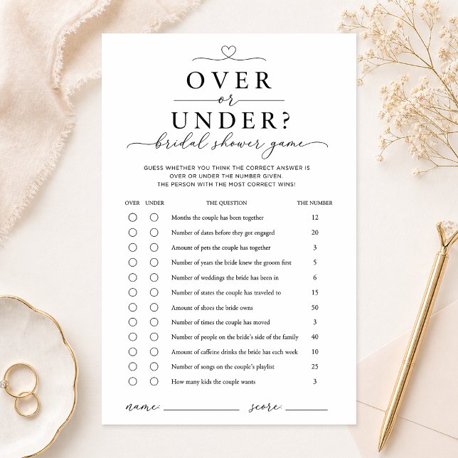 Over or Under Bridal Shower Game Card (Bridal Shower Game)