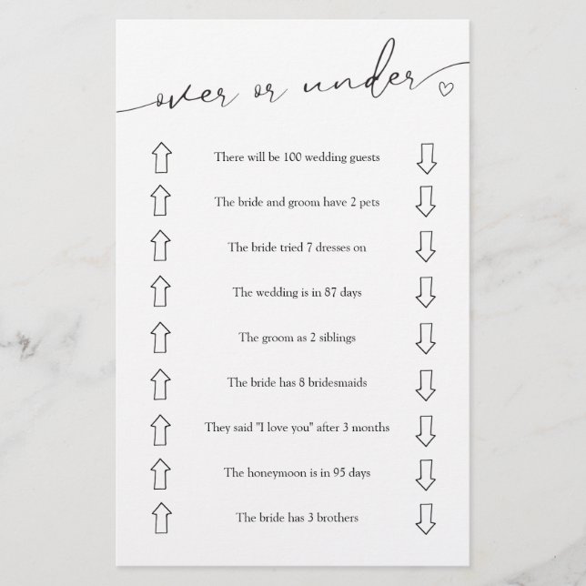 Over or Under Bridal Shower Game  Flyer (Front)