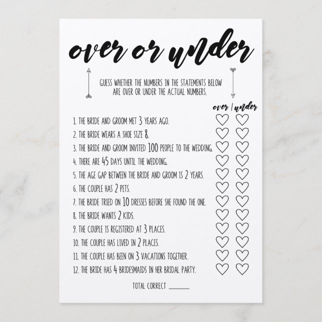 Over Or Under Bridal Shower Game Program (Front)