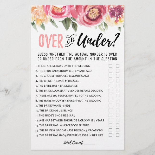 Over or Under Bridal Shower or Hen Party game (Front)