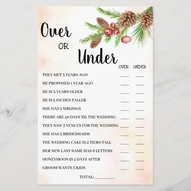Over or Under Christmas Bridal Shower Game Card (Front)