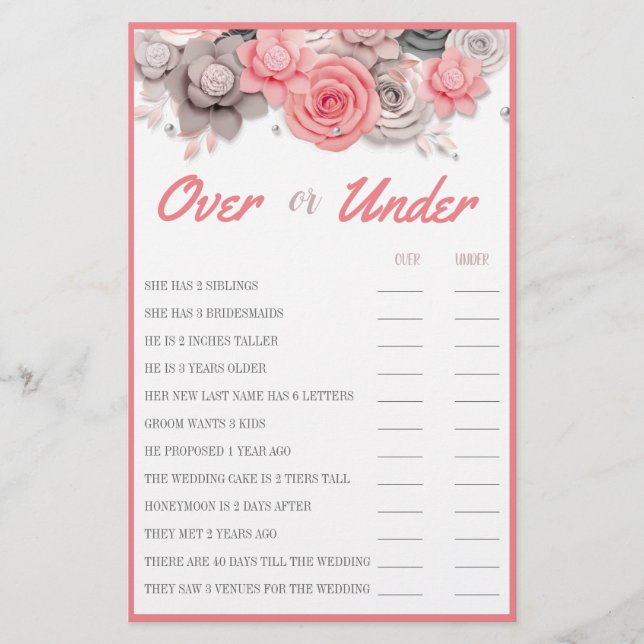 Over or Under Couple Shower Game Card (Front)