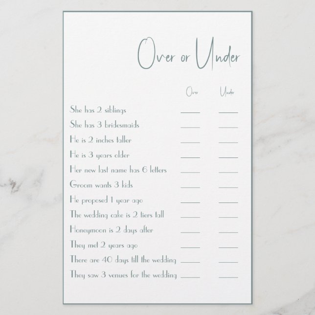 Over or Under Couple Shower Game Flyer (Front)