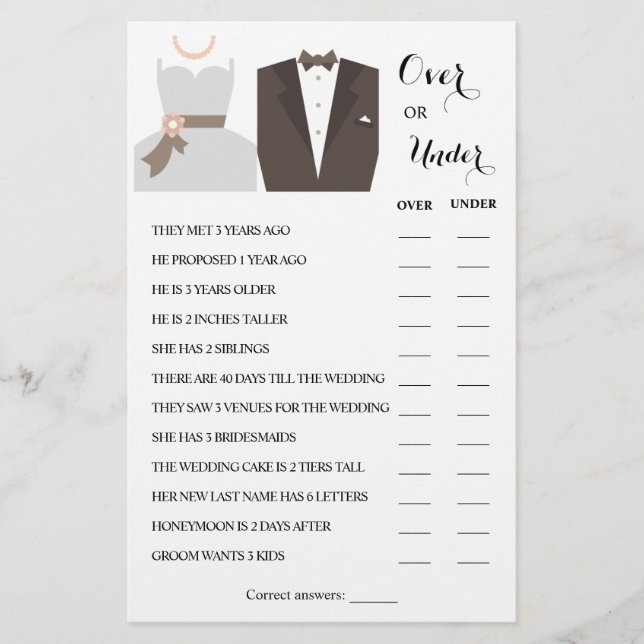 Over or Under Couples Shower Game Card (Front)