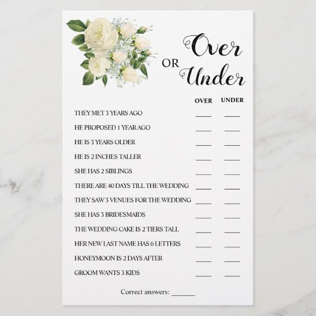 Over or Under Couples Shower Game Card (Front)