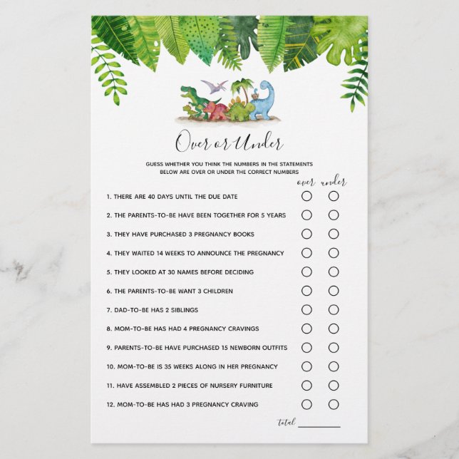 Over or Under Dinosaur Baby Shower Game (Front)