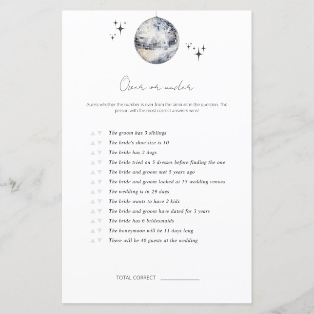 Over Or Under Disco Ball Bridal Shower Game (Front)