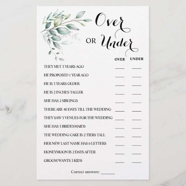 Over or Under Eucalyptus Couples Shower Game Card (Front)