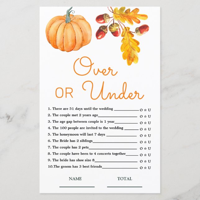 Over or Under Fall Pumpkin Bridal Game (Front)