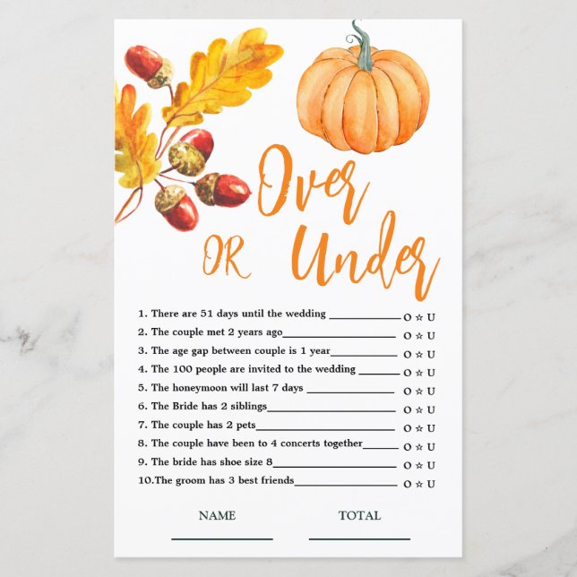 Over or Under Fall Pumpkin Bridal Game (Front)