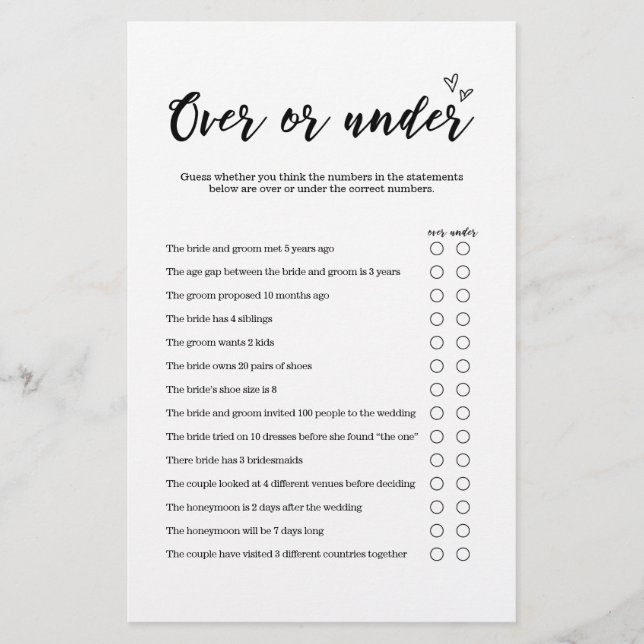 Over or Under Game for Wedding or Bridal Shower (Front)