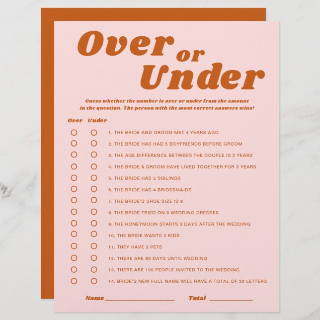 Over or Under Last Disco Bridal Shower Game  (Front/Back)