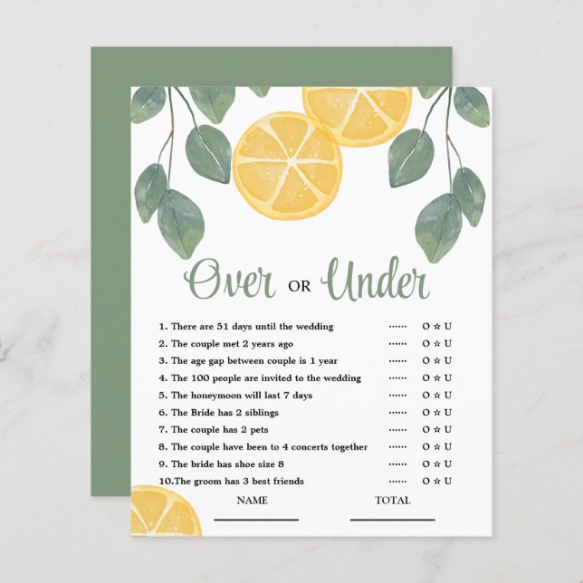 Over or Under Lemon Bridal Shower Game (Front/Back)